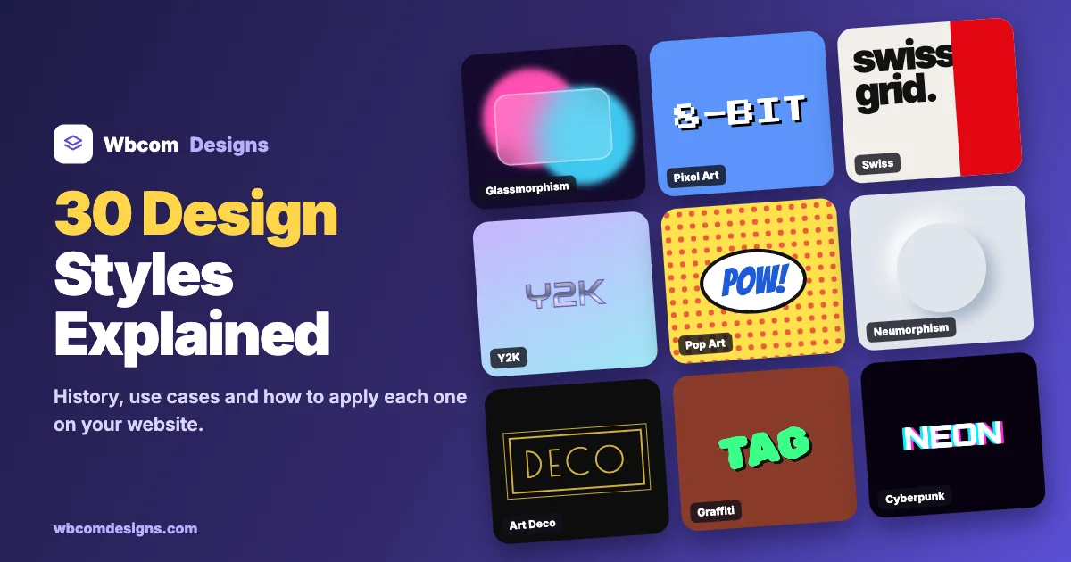 30 design styles explained featured image with tiles showing glassmorphism, pixel art, Swiss, Y2K, pop art, neumorphism, Art Deco, graffiti and cyberpunk