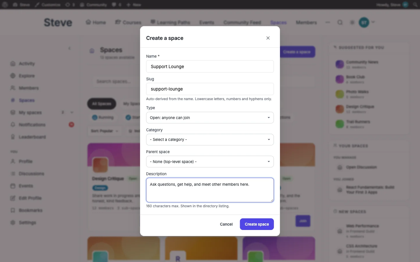 BuddyNext Create a Space modal with Name, Slug, Type, Category, Parent space, and Description fields filled in