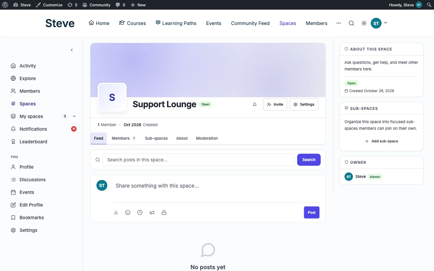 A freshly created BuddyNext Space page showing Feed, Members, Sub-spaces, About, and Moderation tabs