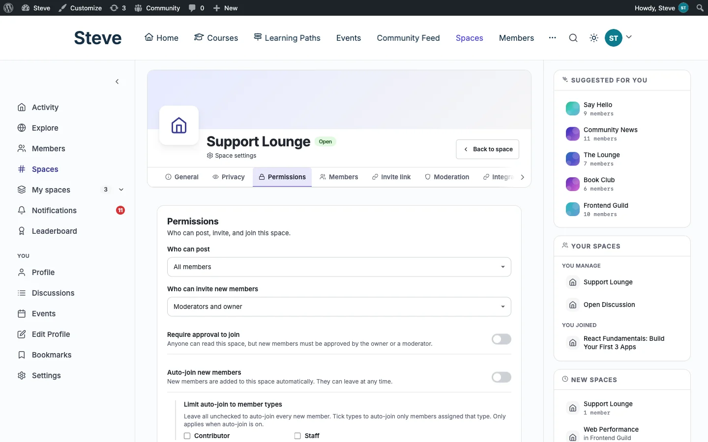 BuddyNext Space Permissions tab with Who can post, Who can invite new members, Require approval to join, and Auto-join new members controls