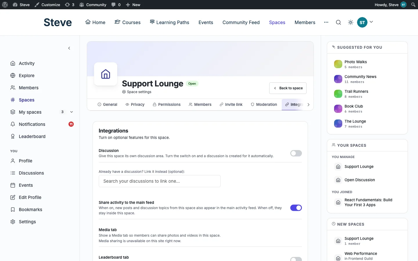 BuddyNext Space Integrations tab with a Discussion toggle, a Share activity to the main feed toggle, and a Media tab option