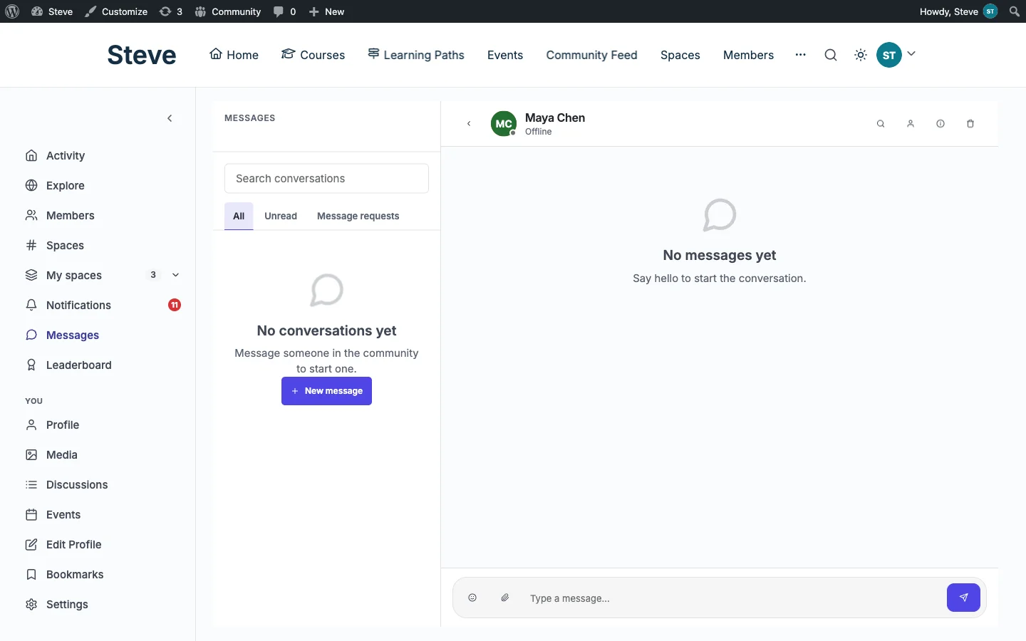 A WPMediaVerse-powered direct message conversation with an online status indicator and emoji and attachment icons in the compose bar
