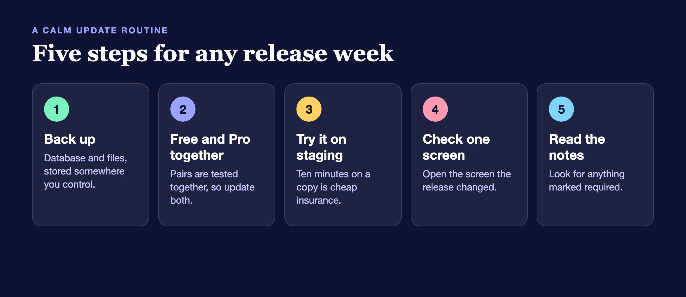 Five steps for a release week: back up, update free and Pro together, try it on staging, check one screen, read the notes