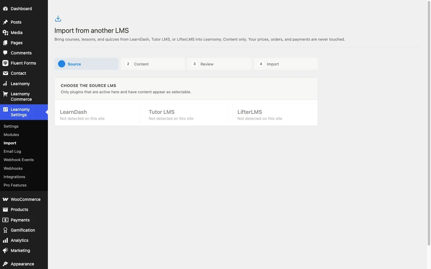 Learnomy admin screen Import from another LMS, step 1 of 4, choosing LearnDash, Tutor LMS or LifterLMS as the source