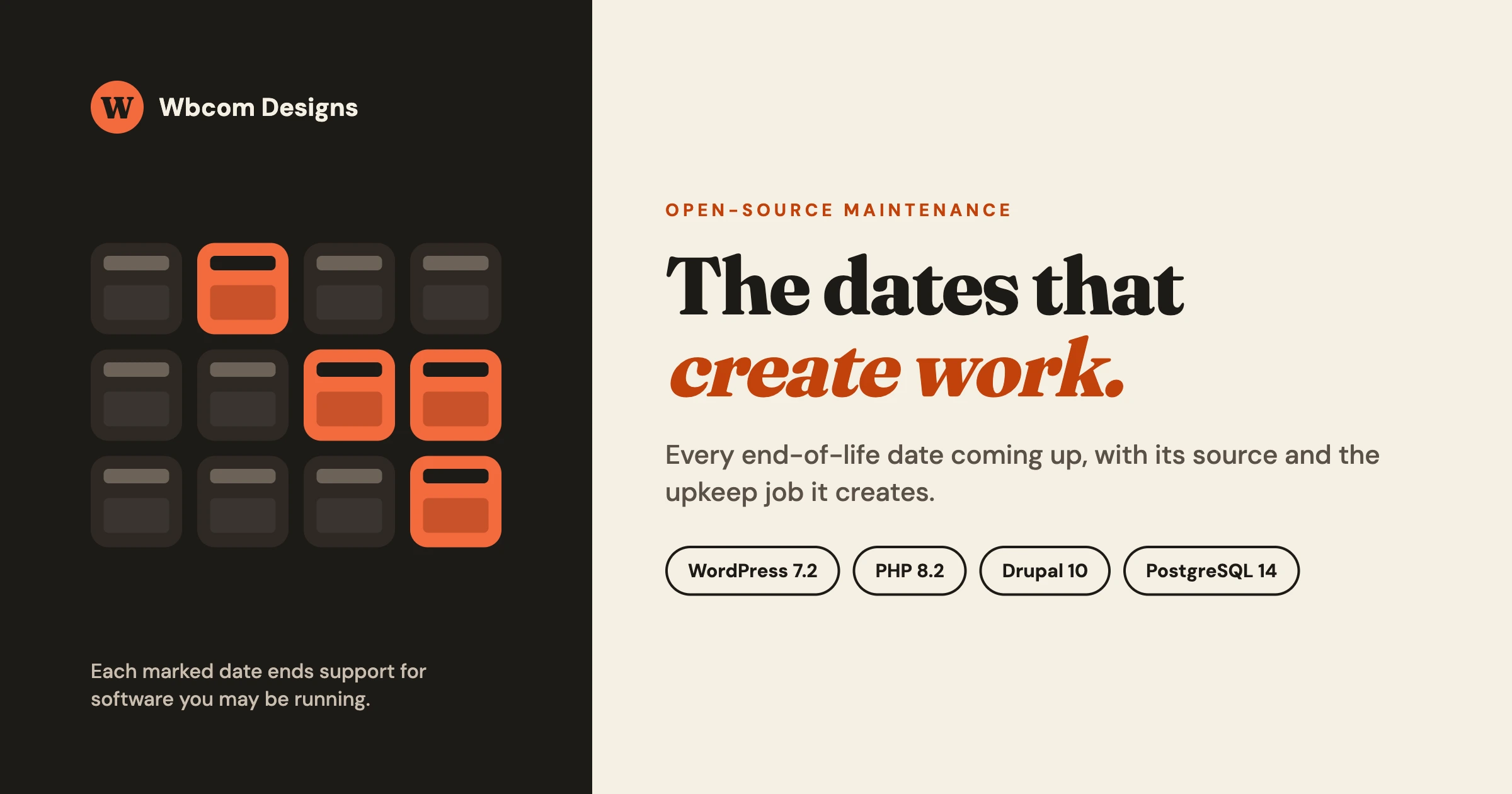 A calendar grid with four marked dates beside the headline: the dates that create work, for WordPress 7.2, PHP 8.2, Drupal 10 and PostgreSQL 14