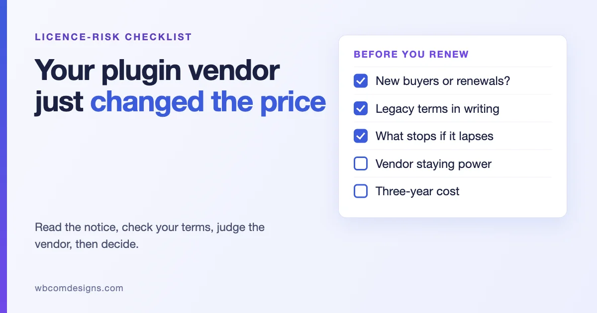 Licence-risk checklist for when a plugin vendor changes prices: renewals, legacy terms, lapse behaviour, vendor staying power, three-year cost