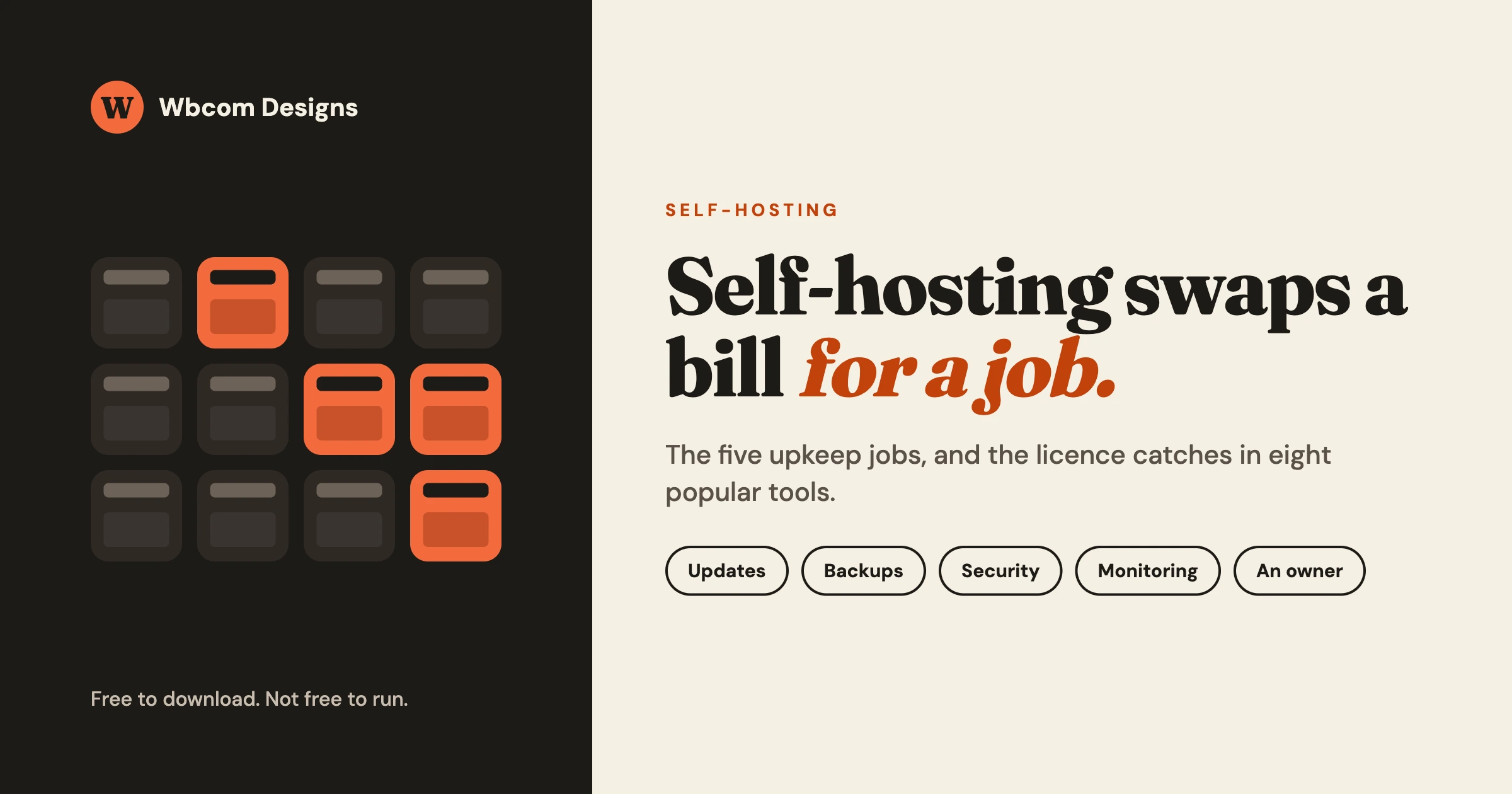 Headline reading self-hosting swaps a bill for a job, with the five upkeep jobs: updates, backups, security, monitoring and an owner