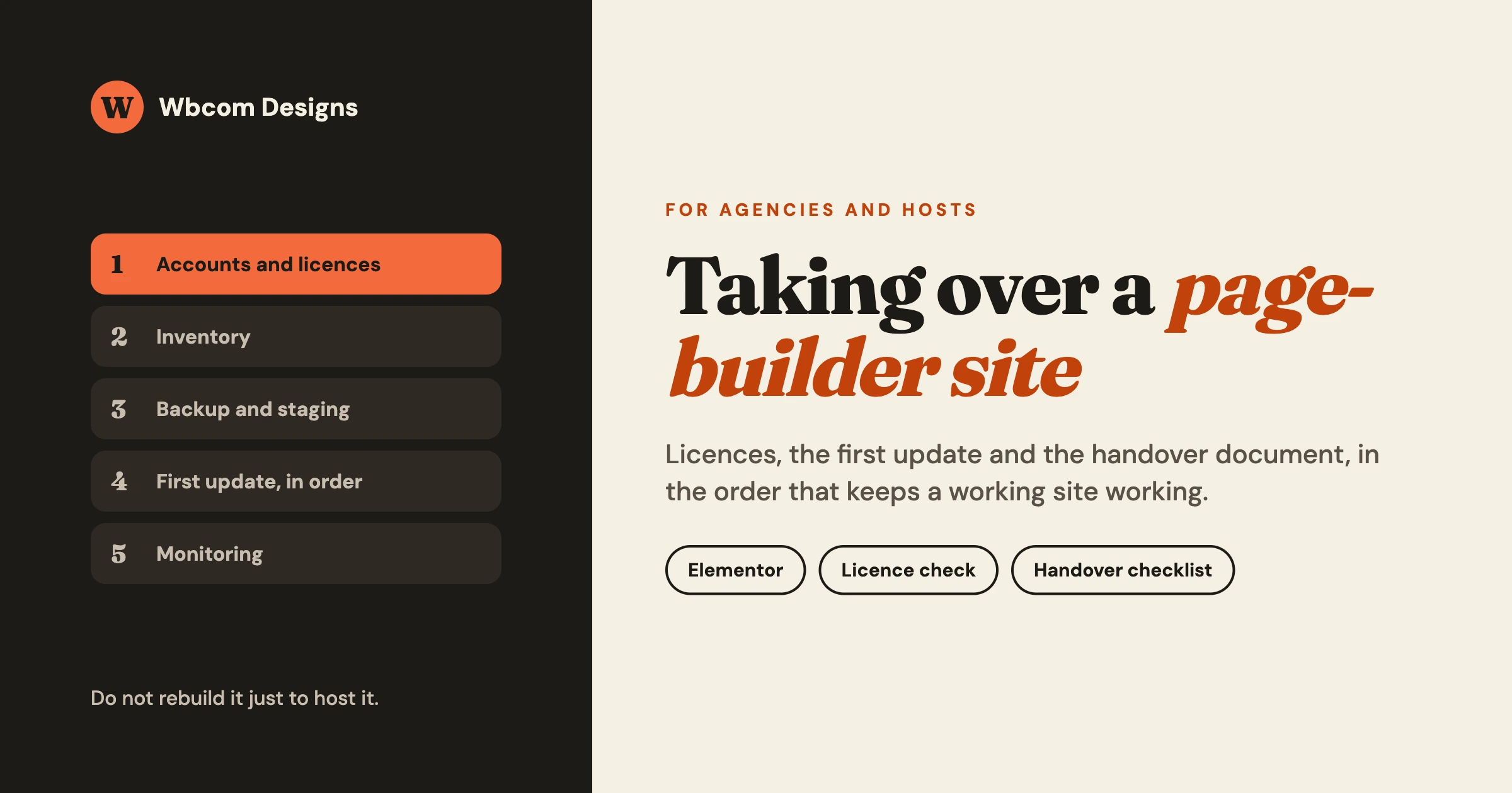 Five steps for taking over a page-builder site: accounts and licences, inventory, backup and staging, first update in order, monitoring