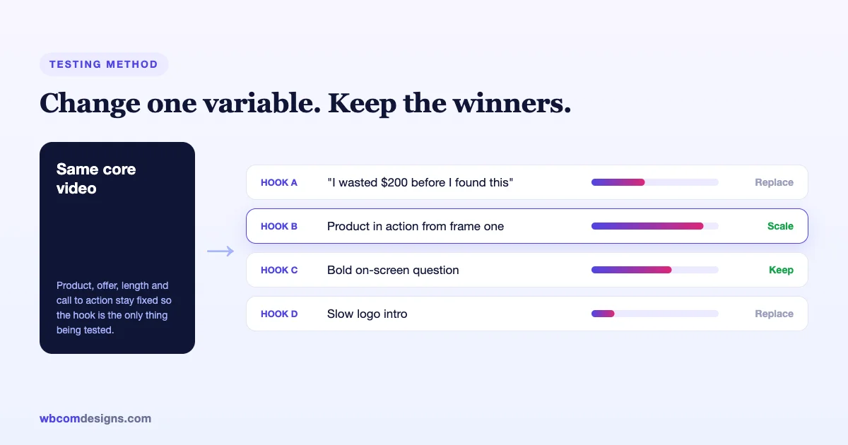 Testing video ad hooks one variable at a time: keep the same core video, compare hooks, scale winners and replace poor performers