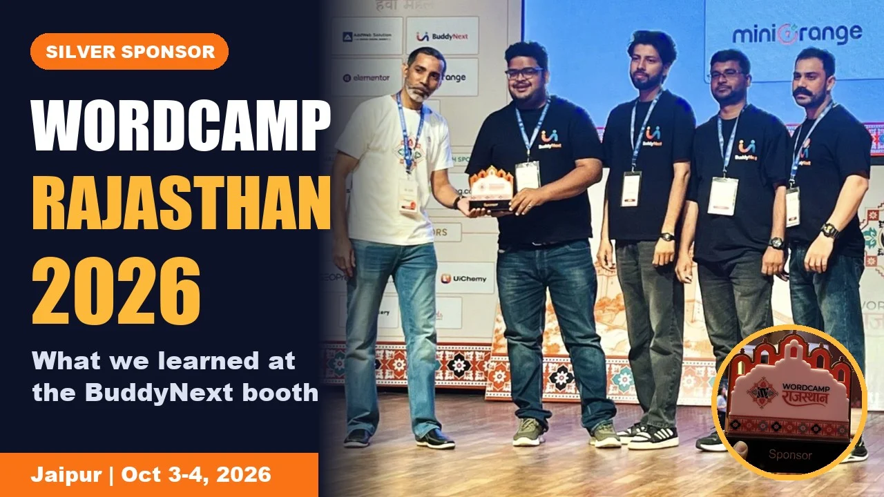 BuddyNext team receiving the silver sponsor memento on stage at WordCamp Rajasthan 2026 in Jaipur